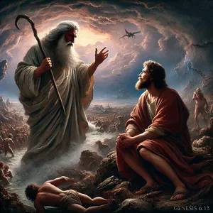 13. И Бог каза на Ной: Краят на всяка твар дойде пред Мене, защото земята се изпълни с насилие чрез тях; и ето, ще ги изтребя заедно със земята.